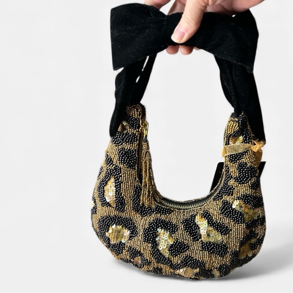 Leopard Print Beaded Handbag with Black Bow Handmade In India NWT - Picture 3 of 8